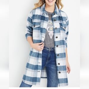 Maurices Blue and White Plaid Longline Shacket NWT